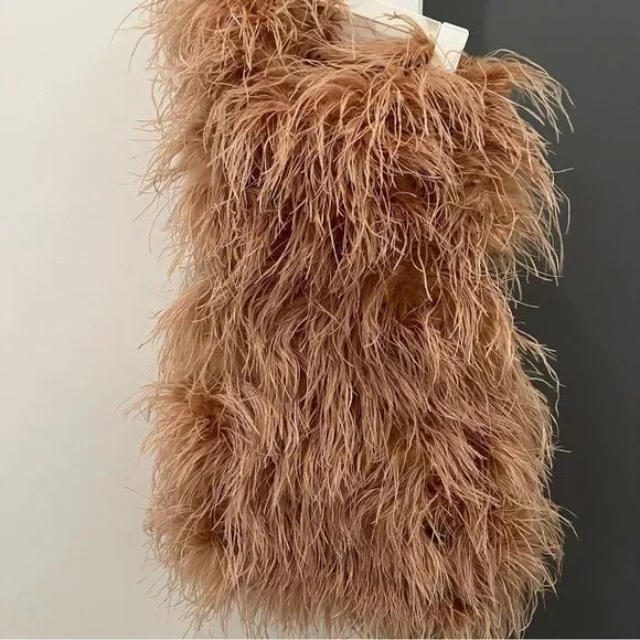 NWT The Bar Tan Andre 100% Ostrich Feather One Shoulder Mini Dress 2